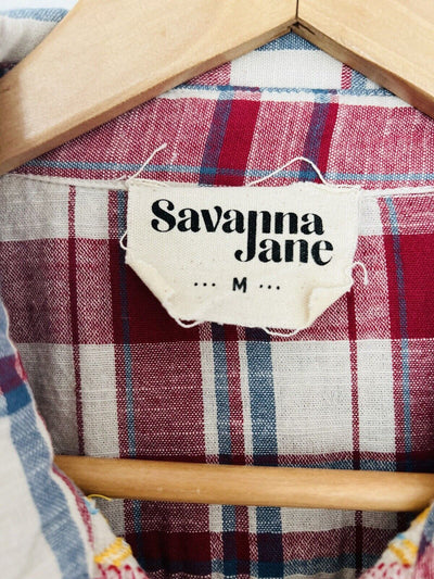 SAVANNA JANE Red Plaid Button Down Shirt Sz M Embroidered Roll Tab Sleeve Boho