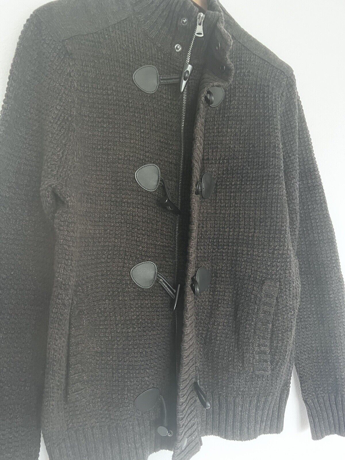 Express Mens Cardigan Sweater Sz M Brown Long Sleeve Cotton Toggle Button & Zip