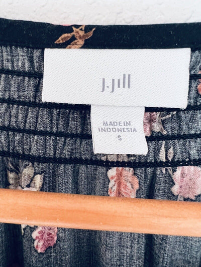 J. JILL Black Floral Tunic Dress Sz S Botton Down 3/4 Balloon Sleeves Pockets