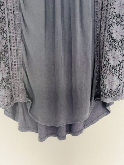 KNOX ROSE Mixed Media Flowy Top Sz L Lace Blouse Balloon Sleeves Boho