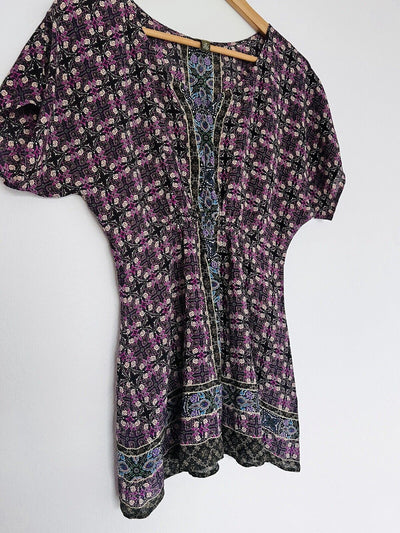 ANTHROPOLOGIE Fei 100% Silk Tunic Top Sz XS Dolman Geometric V-Neck Blouse