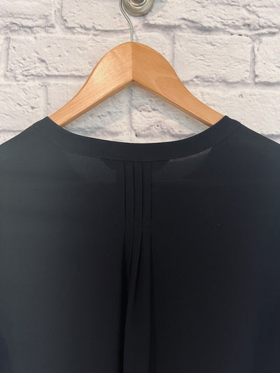 WHBM Sheer Black Botton Down Blouse Sz 6 Pleated Flowy Fit Career Workwear