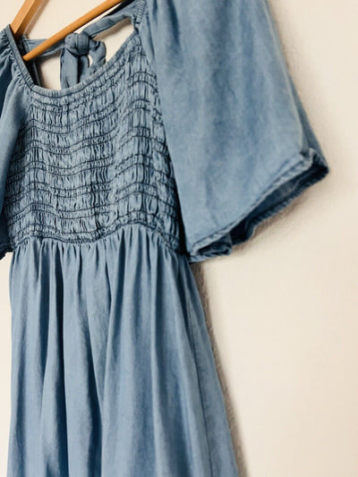 BLU PEPPER Smocked Mini Dress Sz S Tiered Puff Sleeves Tie Back Boho Western