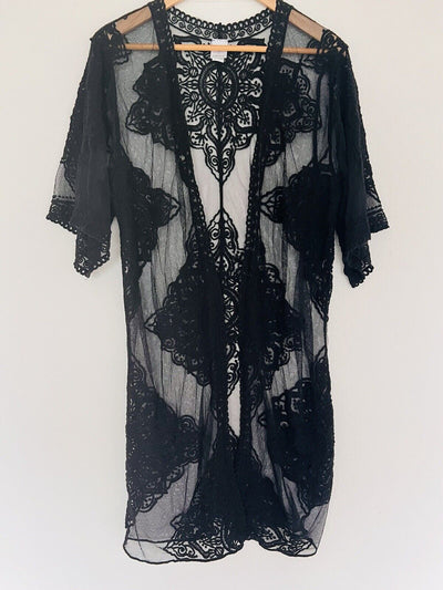 Lace Kimono Layering Cover Up Sz S-M Embroidered Floral Sheer Black Duster Boho