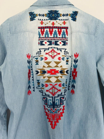 ANDREE by Unit Embroidered Shirt Sz S Botton Down Top Aztec Southwestern Boho