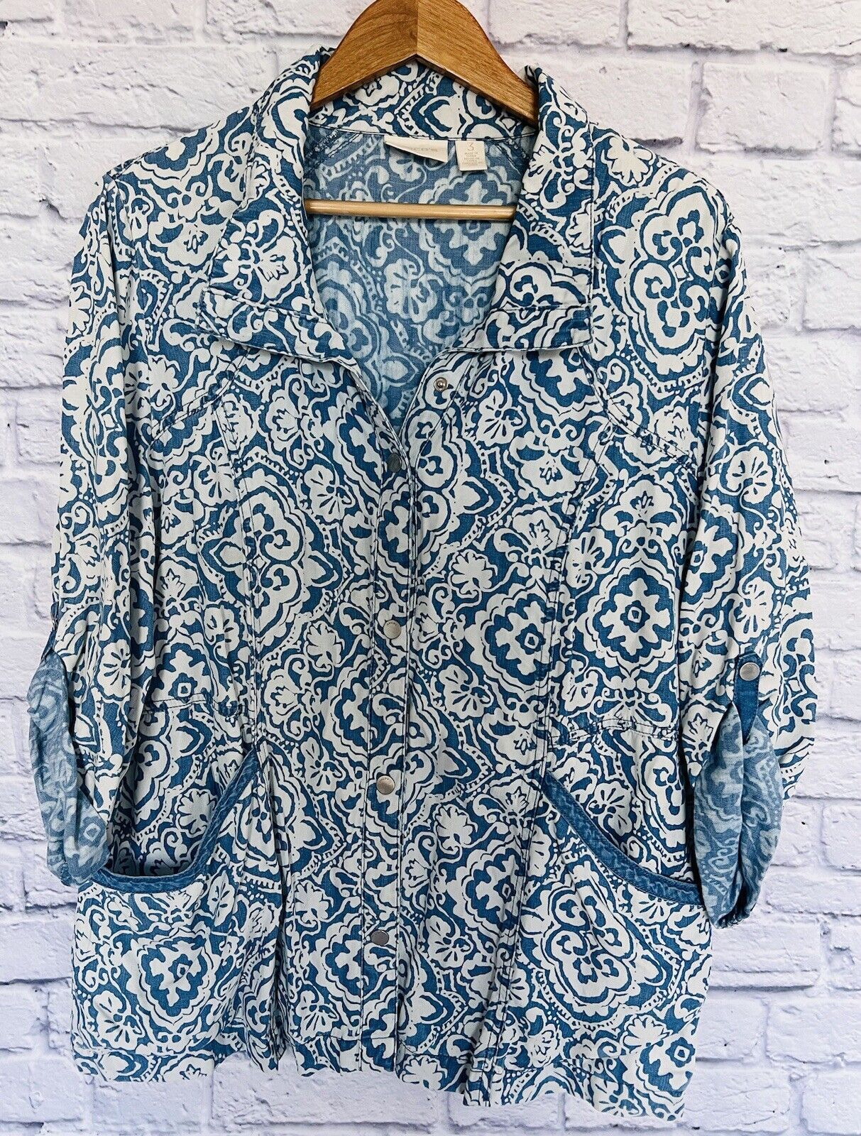 CHICOS Womens Snap Button Jacket Plus Sz 3 Pockets Paisley Blue Lyocell