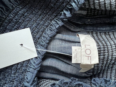LOFT Chambray Blouse Sz M Smock Pleated Neck Balloon Sleeves Top Flowy Boho