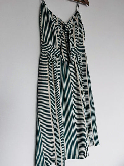 LUSH Womens Green Striped Dress Sz S Tie Front Midi Bow 100% Cotton