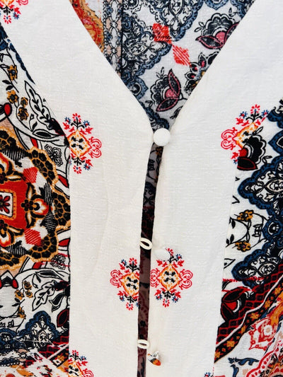 ALTAR’D STATE Womens Printed Blouse Button Up Sz S Tie Bottom Smocked Sleeve Top