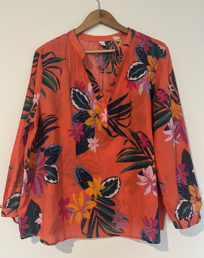 Old Navy Linen Blend Floral Top Sz XL Hawaiian Flower Peasant Resort Travel