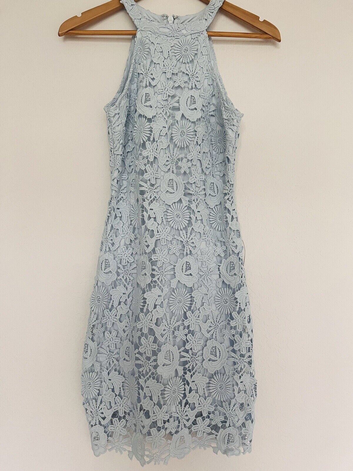 LULUS Love Poem Light Blue Dress Sz XS Lace Mini Cocktail Sheath Crochet Overlay