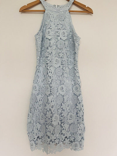 LULUS Love Poem Light Blue Dress Sz XS Lace Mini Cocktail Sheath Crochet Overlay