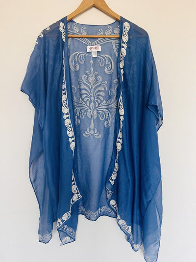 SHYANNE Women Cardigan Open Blue White Embroidered Lightweight Western
