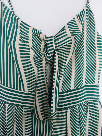 LUSH Womens Green Striped Dress Sz S Tie Front Midi Bow 100% Cotton