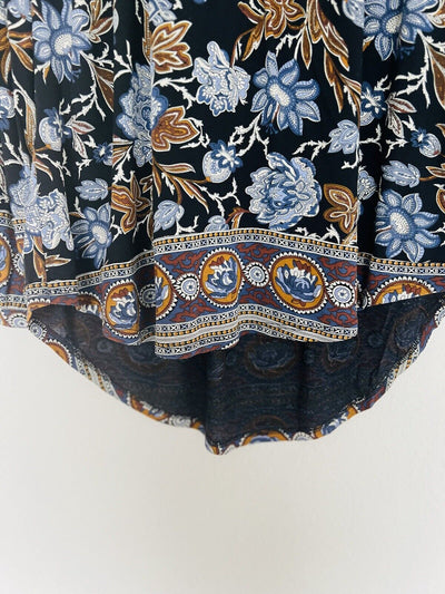 LUCKY BRAND Floral Jersey Knit Blouse Sz PS Hi-Low V-Neck Button Boho Western