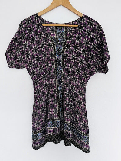 ANTHROPOLOGIE Fei 100% Silk Tunic Top Sz XS Dolman Geometric V-Neck Blouse