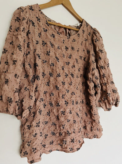 BLU PEPPER Floral Peasant Textured Top Sz S 3/4 Balloon Sleeve Pullover Boho