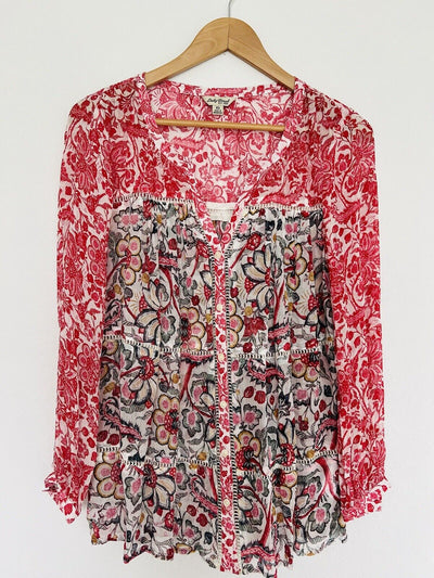 LUCKY BRAND Floral Sheer Blouse Sz XS Long Sleeve Botton Down V-Neck Boho