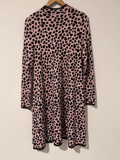 ANN TAYLOR Knit Sweater Dress Sz M Pink Brown Animal Print Long Sleeve Mock Neck