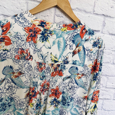 NINE WEST Womens Floral Tunic Blouse Top Sz L Long Sleeve White Flowy Boho