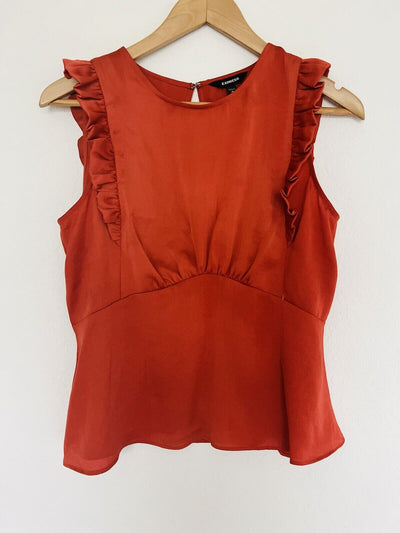 EXPRESS Ruffled Blouse Sz M Rust Color Cropped Zip Open Back