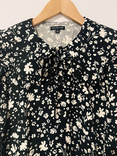 WHO WHAT WEAR Floral Maxi Dress Sz S Tie Collar Ruffle Balloon Sleeves Peasant
