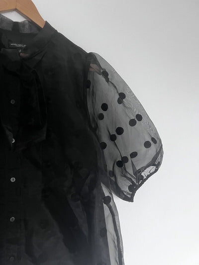 MARC NY Andrew Marc Black Top Sz L Polka Dot Puff Sheer Sleeve Tie Neck Blouse