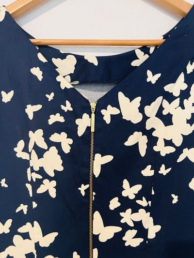 MODCLOTH Closet London Midi Dress Sz 10 Fit Flare Navy/Tan Butterfly Print