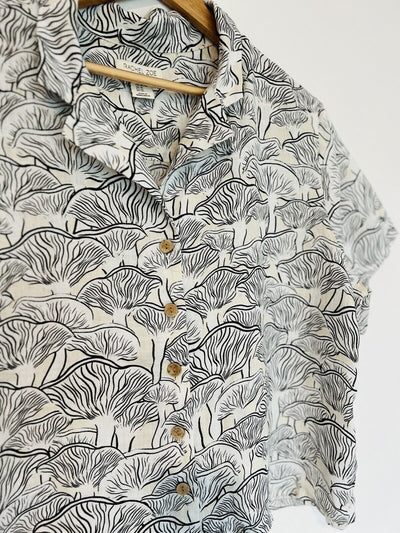 RACHEL ZOE Mushroom Print 100% Linen Botton Shirt Sz L Boxy Relaxed Cropped Boho