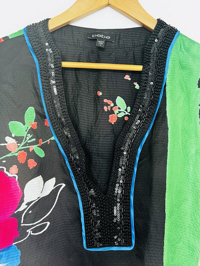 BEBE 100% Silk Embellished Tunic Dress Sz MColorful Bat Sleeves Flowy Artsy 90s