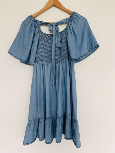 BLU PEPPER Smocked Mini Dress Sz S Tiered Puff Sleeves Tie Back Boho Western