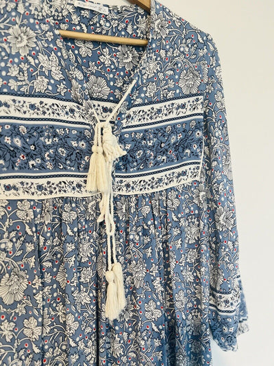 R.Vivimos Boho Dress Long Sleeve Tassel Midi Relaxed Fit Floral Blue Size S 4/6
