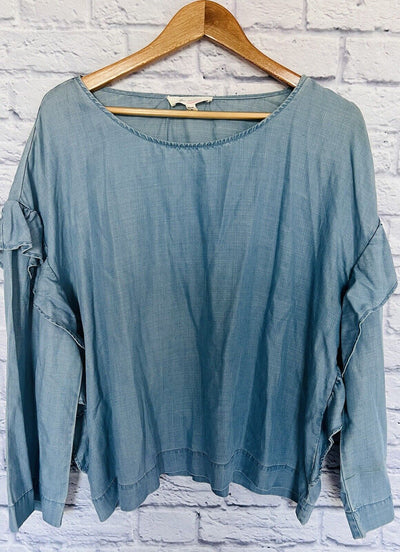 VINCE CAMUTO Womens 100% Tencel Boxy Ruffle Top Sz XL Blue Boho Crop Blouse