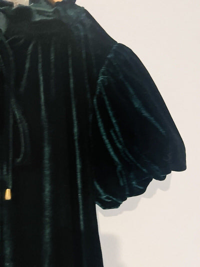 ENTRO Ruffle Neck Velvet Velour Green Tie Neck Gold Metal Accents Puff Sleeve