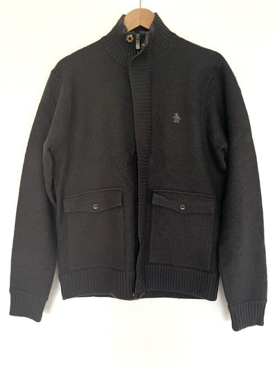 PENGUIN 100% Wool Sweater Sz M Gray Zip Mock Neck Chore Pockets Academia