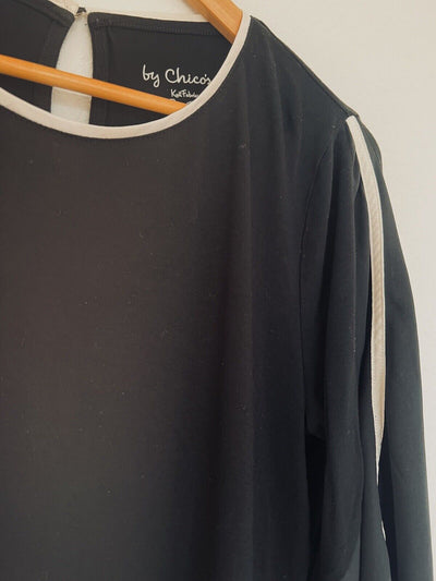 CHICO’S Black 3/4 Sleeve Black Blouse Sz 8-10 White Trim Chiffon Sheer Career