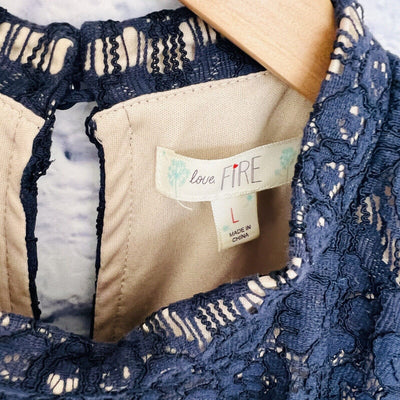 LOVE FIRE Navy Blue Lace Halter Top Nude Lining Large Boho Feminine