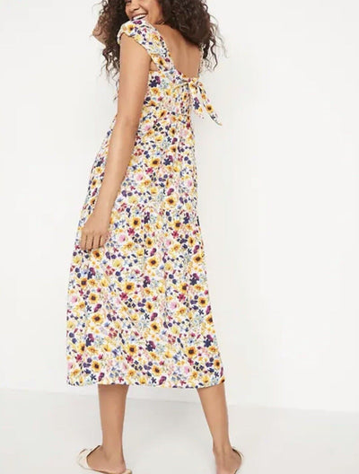 OLD NAVY Tiered Wildflower Floral Fit & Flare Dress Sz XS Open Back Bow Boho
