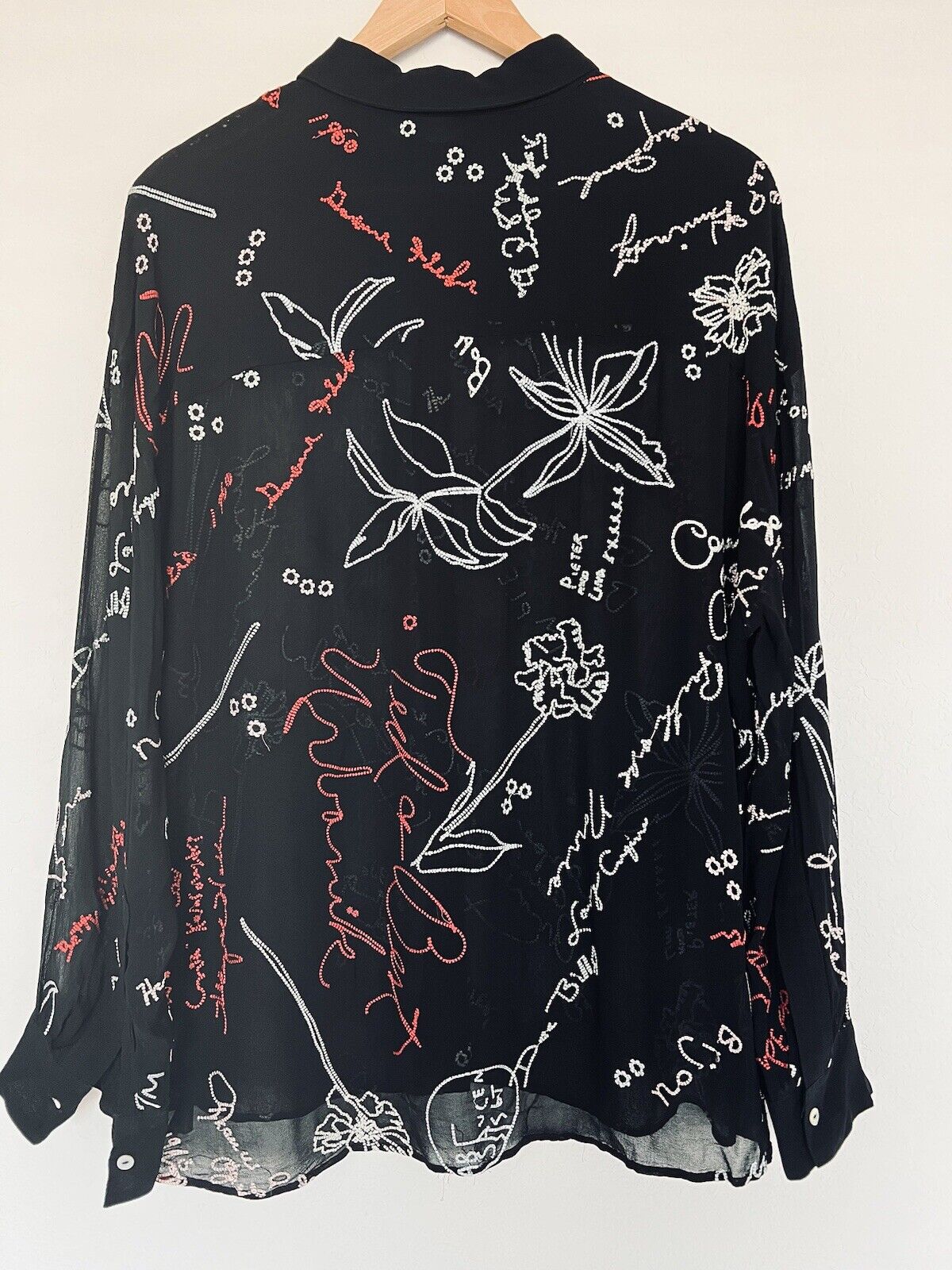 ALLSAINTS Kyra Embroidered Blouse Sz M Black Lightweight Sheer Button Down