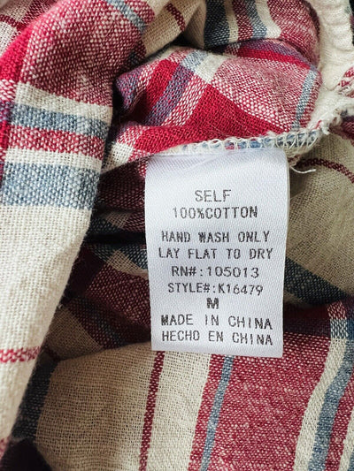 SAVANNA JANE Red Plaid Button Down Shirt Sz M Embroidered Roll Tab Sleeve Boho