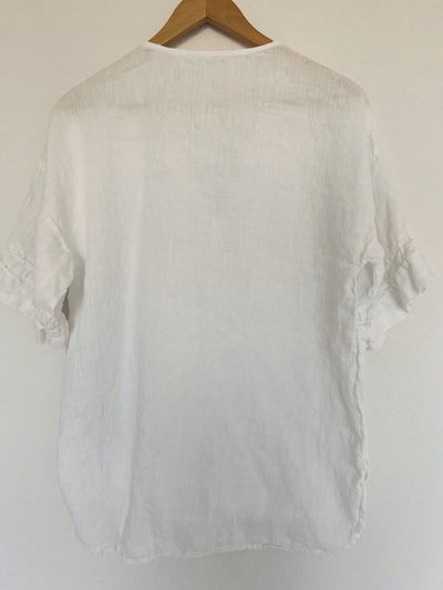 ZARA NWT 100% Linen Top Sz S White Lace Trim Short Sleeve Blouse V-Neck Tunic