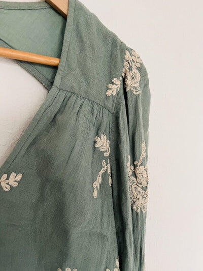 FREE PEOPLE Womens Dress Sage Green Crinkle Floral A Line Cut Out Boho