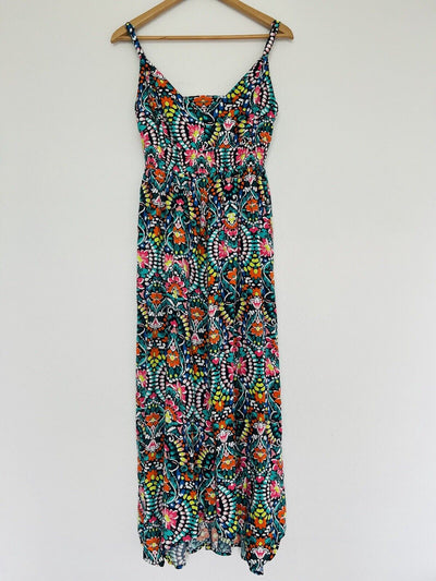 OLD NAVY Midi Floral Multi-Color Dress L Back Hi-Low Hem Smock Empire Waist