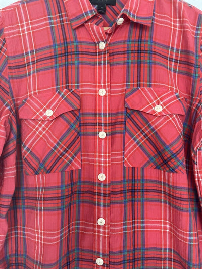 J CREW Women's Red Plaid Shirt Sz 8 Botton Down Collared Long Sleeve Top Boho