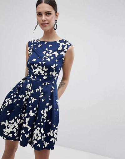 MODCLOTH Closet London Midi Dress Sz 10 Fit Flare Navy/Tan Butterfly Print