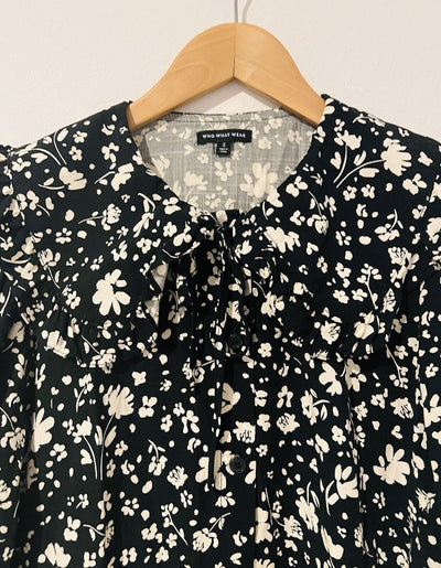 WHO WHAT WEAR Floral Maxi Dress Sz S Tie Collar Ruffle Balloon Sleeves Peasant