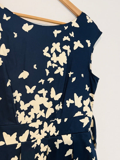 MODCLOTH Closet London Midi Dress Sz 10 Fit Flare Navy/Tan Butterfly Print