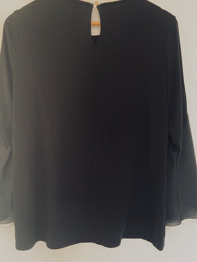 CHICO’S Black 3/4 Sleeve Black Blouse Sz 8-10 White Trim Chiffon Sheer Career