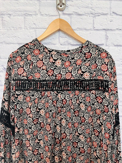 KNOX ROSE Womens Dress Size Sz L Black Rust Floral Bell Sleeve Flare Boho Hippie