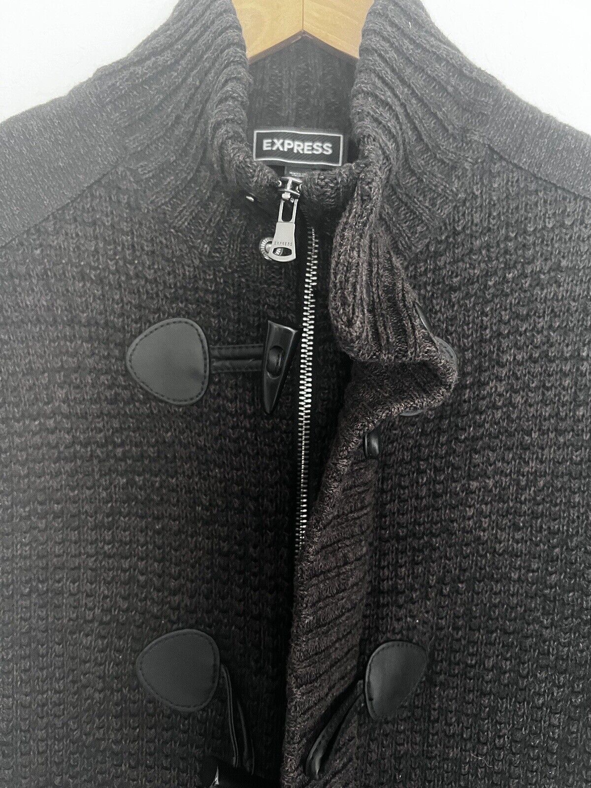 Express Mens Cardigan Sweater Sz M Brown Long Sleeve Cotton Toggle Button & Zip